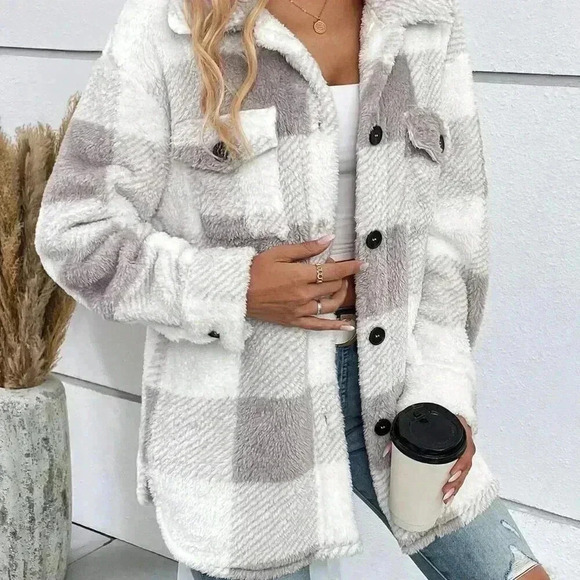 Jackets & Blazers - Light Grey Casual Women's Buffalo Plaid Print Drop Shoulder Flap Pocket Coat